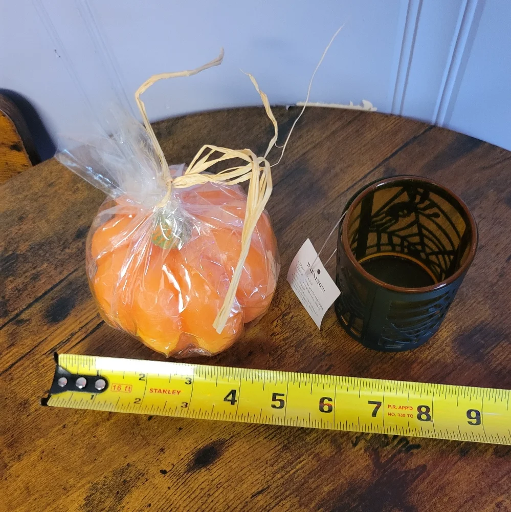 Halloween items, metal/glass spider candle holder & pumkin candle